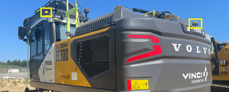 Excavator blind spot camera detection
