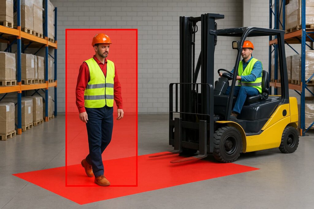 Case image of a forklift equipped with Blaxtair detecting a pedestrian in a factory aisle
