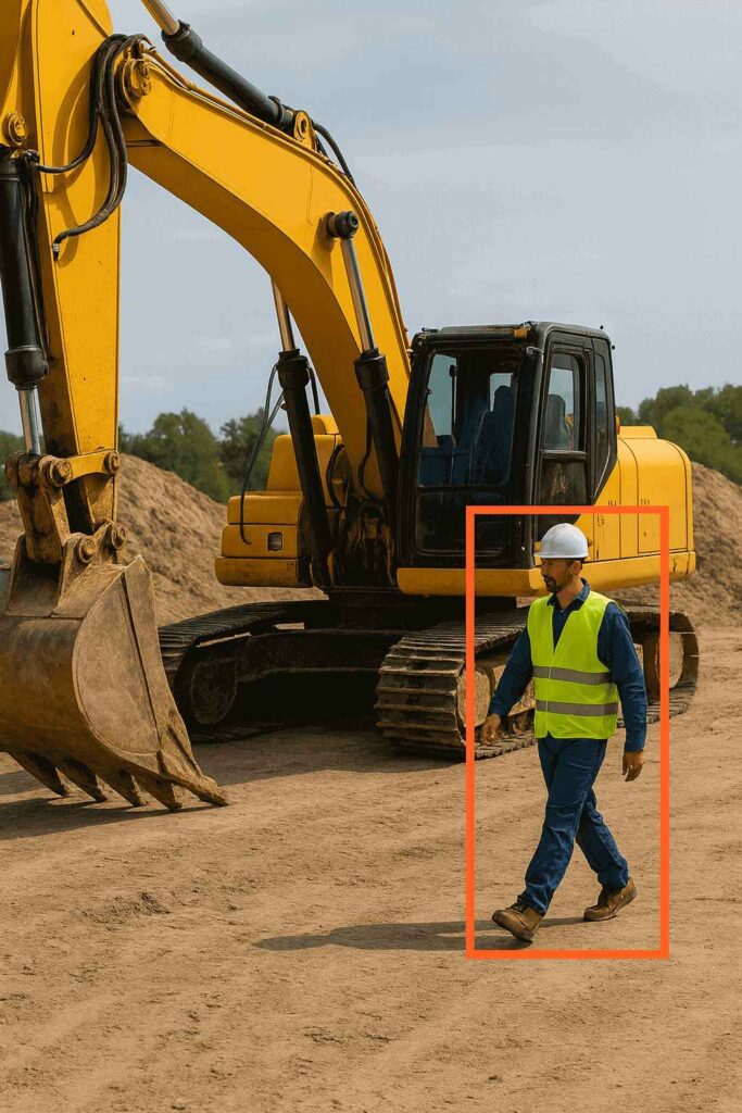 Construction AI camera mounted on an excavator detecting a nearby worker